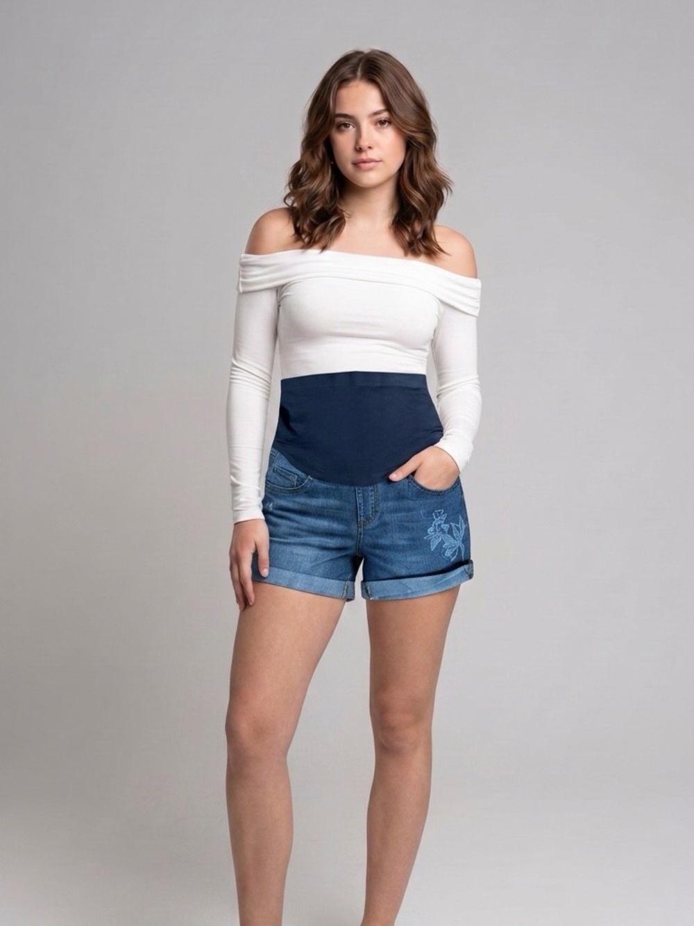 a:glow Navy Denim Maternity High-Waist Shorts with Floral Embroidery Size 12
